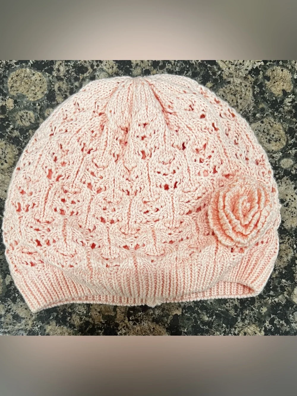 Handknit Soft Pink Cable Beanie‎ with Flower